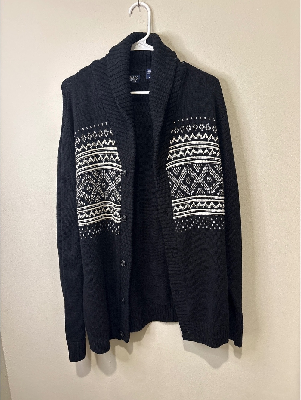 Chaps womens Black and White Patterned Shawl Collar Cardigan Sweater Large